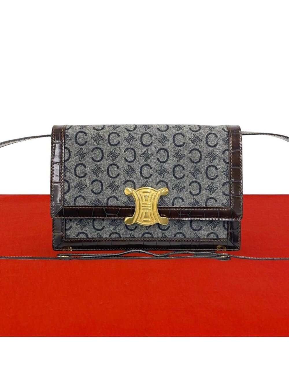 Celine Vintage C Macadam Pattern Blason Wool Leather Shoulder Bag Pochette Gray